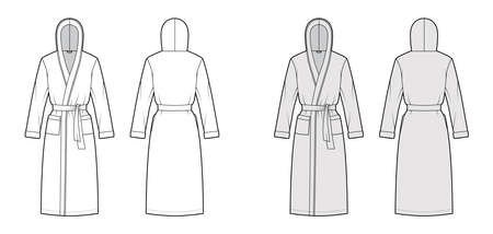Bathrobes hooded Dressing gown technical fashion illustration with knee length, oversized, tie, pocket, long sleeves. Flat garment apparel front, back, white grey color. Women, men, unisex CAD mockupのイラスト素材