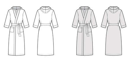 Bathrobes hooded Dressing gown technical fashion illustration with knee length, oversized, tie, pocket, elbow sleeves. Flat garment apparel front, back, white grey color. Women, men, unisex CAD mockupのイラスト素材