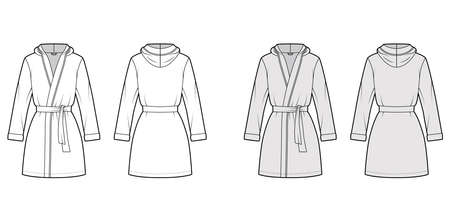 Hooded Bathrobe Dressing gown technical fashion illustration with wrap opening, mini length, oversized, tie, long sleeves. Flat garment front, back, white grey color style. Women, men, unisex mockupのイラスト素材