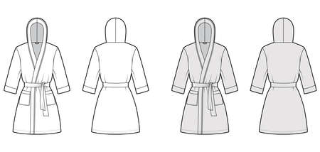 Bathrobe hooded Dressing gown technical fashion illustration with wrap opening, mini length, oversized, tie, pocket, elbow sleeves. Flat front, back white grey color style. Women men unisex CAD mockupのイラスト素材