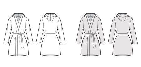 Hooded Bathrobe Dressing gown technical fashion illustration with wrap opening, mini length, tie, pocket, long sleeves. Flat garment front, back, white grey color style. Women, men, unisex CAD mockupのイラスト素材