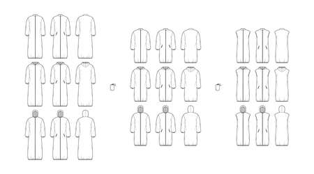 Set of Down coats vests puffer waistcoat technical fashion illustration with pouch, sleeveless, stand hoody collar, loose fit, midi maxi length. Flat front, back, white color style. Women, men top CADのイラスト素材