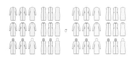 Set of Down vests coats puffer waistcoat technical fashion illustration with pouch, zip-up closure, loose fit, classic quilting. Flat template front, back, white color. Women men unisex top CAD mockupのイラスト素材