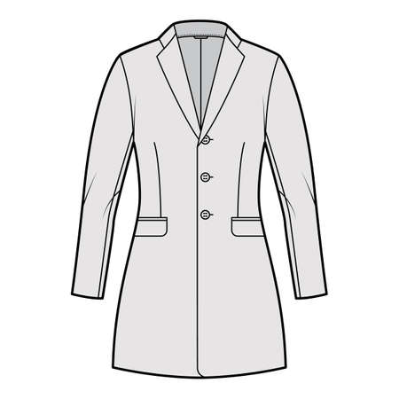 Jacket fitted Blazer structured suit technical fashion illustration with single breasted, long sleeves, flap pockets, fingertip length. Flat apparel coat template front, grey color. Women, men CADのイラスト素材