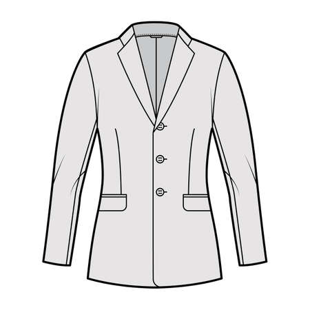 Blazer fitted jacket suit technical fashion illustration with single breasted, notched lapel collar, flap pockets, fitted body, hip length. Flat template front, grey color. Women, men CAD mockupのイラスト素材