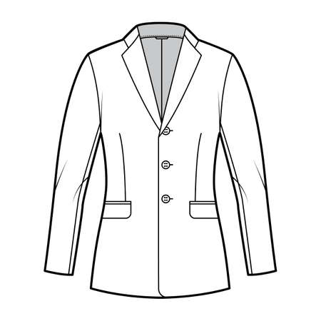 Blazer fitted jacket suit technical fashion illustration with single breasted, notched lapel collar, flap pockets, fitted body, hip length. Flat template front, white color. Women, men CAD mockupのイラスト素材