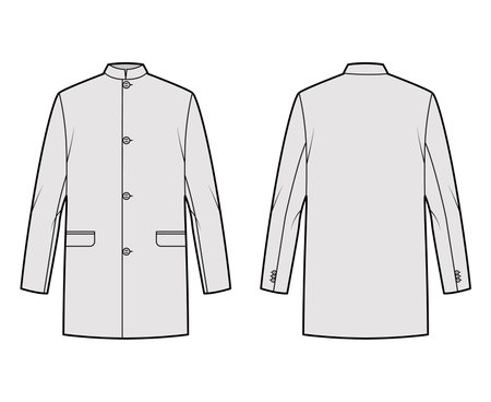 Nehru jacket technical fashion illustration with oversized, stand collar, flap pockets, oversized, long sleeves. Flat coat apparel template front, back, grey color style. Women, men, unisex CAD mockupのイラスト素材