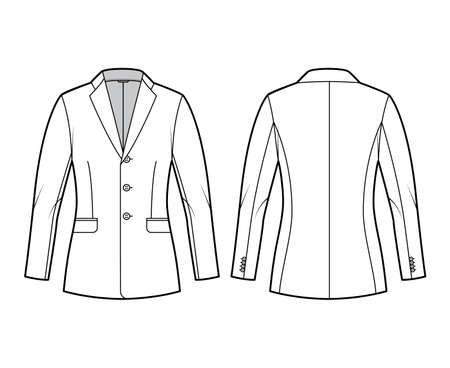 Blazer fitted jacket suit technical fashion illustration with single breasted, notched lapel collar, flap pockets, fitted body, hip length. Flat template front, back white color. Women, men CAD mockupのイラスト素材