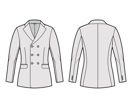 Fitted jacket suit technical fashion illustration with double breasted, notched lapel collar, flap pockets, hip length. Flat Blazer coat template front, back, grey color. Women, men unisex CAD mockupのイラスト素材