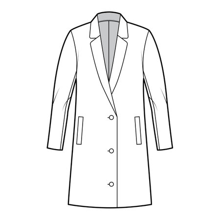 Oversized Blazer jacket suit technical fashion illustration with single breasted, long sleeves, notched lapel collar, thigh length. Flat coat template front, white color style. Women, men CAD mockupのイラスト素材