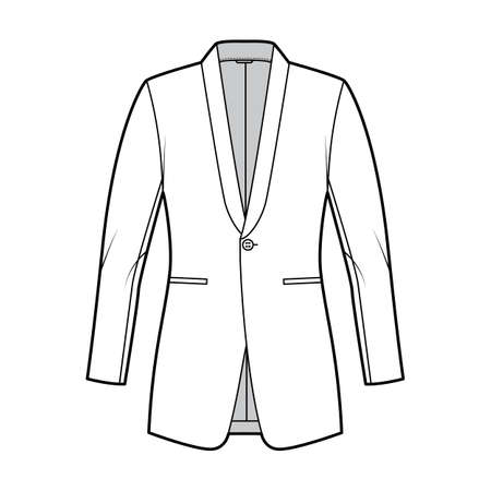 Dinner fitted jacket suit tuxedo technical fashion illustration with single breasted, long sleeves, jetted pockets. Flat coat blazer template front, white color style. Women, men unisex CAD mockupのイラスト素材