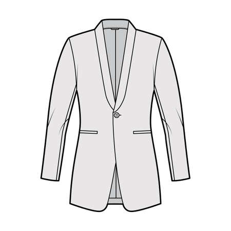 Dinner fitted jacket suit tuxedo technical fashion illustration with single breasted, long sleeves, jetted pockets. Flat coat blazer template front, grey color style. Women, men unisex CAD mockupのイラスト素材