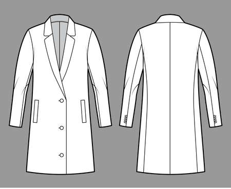 Oversized Blazer jacket suit technical fashion illustration with single breasted, long sleeves, notched lapel collar, thigh length. Flat coat template front, back, white color. Women, men CAD mockupのイラスト素材
