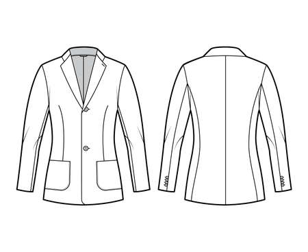 Blazer fitted jacket suit technical fashion illustration with single breasted, long sleeves, lapel collar, patch pockets, hip length. Flat coat template front, back, white color. Women, men CAD mockupのイラスト素材