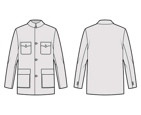 Mao jacket technical fashion illustration with oversized, classic collar, pockets, long sleeves, button closure. Flat coat apparel template front, back, grey color style. Women, men, unisex CAD mockupのイラスト素材