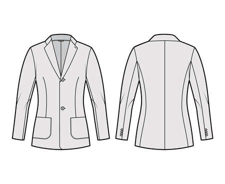 Blazer fitted jacket suit technical fashion illustration with single breasted, long sleeves, notched lapel collar, patch pockets, hip length. Flat coat template front, back, grey color. Women, men CADのイラスト素材