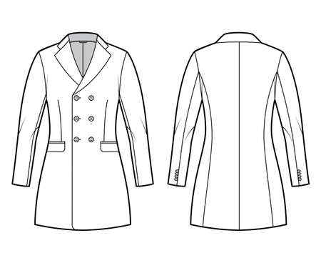 Fitted jacket double breasted suit technical fashion illustration with long sleeves, notched lapel collar, pockets, fingertip length. Flat Blazer coat template front, back, white color. Women, men CADのイラスト素材