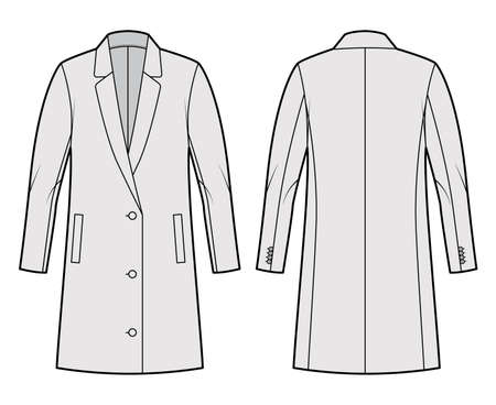 Oversized Blazer jacket suit technical fashion illustration with single breasted, long sleeves, notched lapel collar, thigh length. Flat coat template front, back, grey color style. Women, men CADのイラスト素材