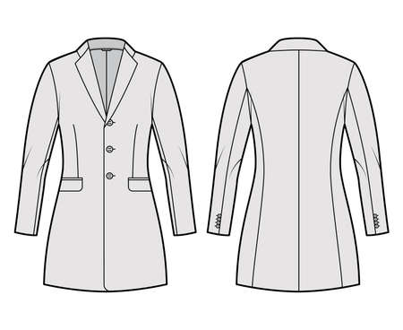 Jacket fitted Blazer structured suit technical fashion illustration with single breasted, long sleeves, flap pockets, fingertip length. Flat coat template front, back, grey color. Women, men CADのイラスト素材