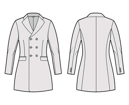 Fitted jacket double breasted suit technical fashion illustration with long sleeves, notched lapel collar, flap pockets, fingertip length. Flat Blazer template front, back, grey color. Women, men CADのイラスト素材