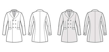 Fitted jacket double breasted suit technical fashion illustration with notched lapel collar, flap pockets, fingertip length. Flat Blazer coat template front, back, white, grey color. Women, men CADのイラスト素材