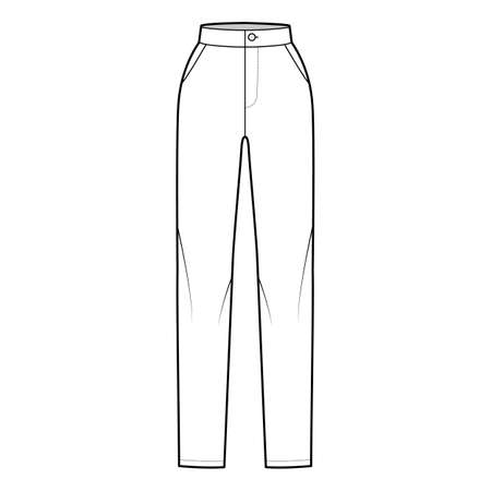 Pants slim fitted straight technical fashion illustration with normal waist, high rise, full length, slashed pockets. Flat bottom trousers apparel template front, white color. Women men unisex mockupのイラスト素材