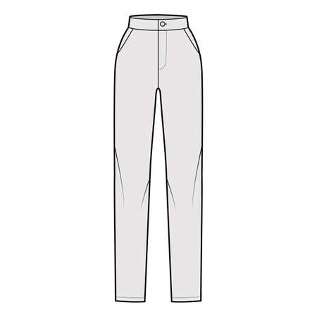 Pants slim fitted straight technical fashion illustration with normal waist, high rise, full length, slashed pockets. Flat bottom trousers apparel template front, grey color. Women unisex CAD mockupのイラスト素材