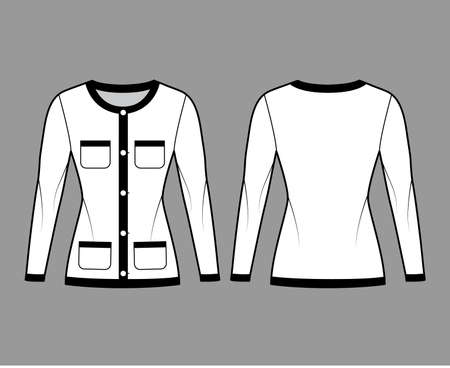 Blazer Jacket like Chanel suit technical fashion illustration with long sleeves, patch pockets, fitted body, button closure. Flat coat template front, back, white color style. Women, men CAD mockupのイラスト素材
