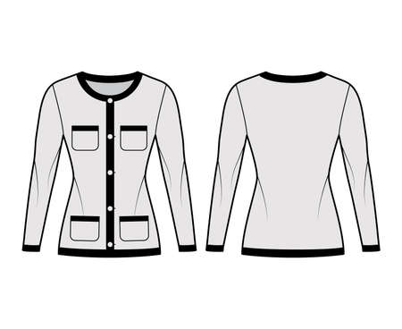 Blazer Jacket like Chanel suit technical fashion illustration with long sleeves, patch pockets, fitted body, button closure. Flat coat template front, back, grey color style. Women, men CAD mockupのイラスト素材