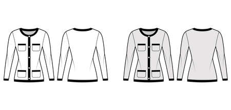 Blazer Jacket like Chanel suit technical fashion illustration with long sleeves, patch pockets, fitted body, button closure. Flat coat template front, back, white, grey color style. Women, men mockupのイラスト素材