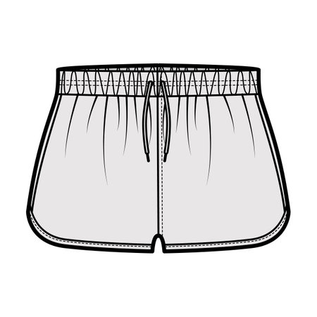 Sport training shorts Activewear technical fashion illustration with elastic low waist, rise, drawstrings, pockets, Flowy Split Hem. Flat bottom apparel template front grey color. Women men CAD mockupのイラスト素材