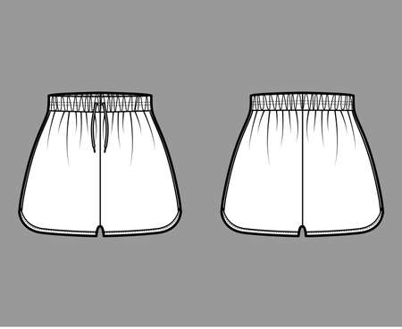 Sport training shorts Activewear technical fashion illustration with elastic normal waist, high rise, Flowy Split Hem, Relaxed fit. Flat bottom template front, back, white color. Women men CAD mockupのイラスト素材