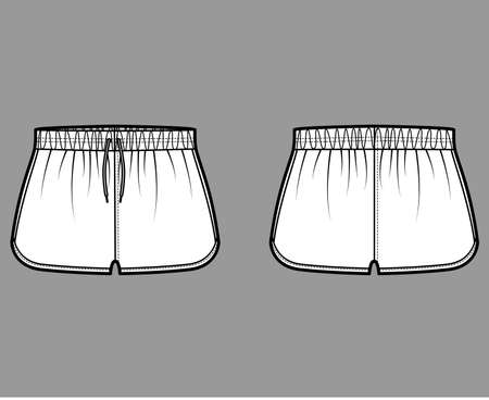 Sport training shorts Activewear technical fashion illustration with elastic low waist, rise, drawstrings, pockets, Hem. Flat bottom apparel template front, back, white color. Women men CAD mockupのイラスト素材