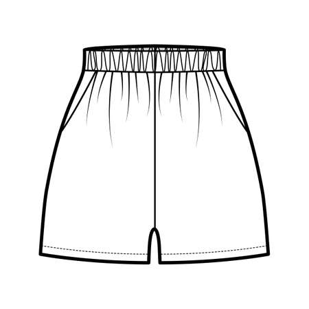 Sport training shorts Activewear technical fashion illustration with elastic normal waist, high rise, Relaxed fit, micro length. Flat bottom apparel template front, white color. Women men CAD mockupのイラスト素材