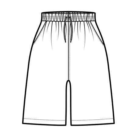Active Shorts Sport training technical fashion illustration with elastic normal waist, high rise, Drawcord, pockets, mid-thigh length. Flat bottom apparel template front, white color. Women men unisexのイラスト素材