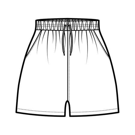 Sport training shorts Activewear technical fashion illustration with elastic normal waist, high rise, drawstrings, Relaxed fit, micro length. Flat template front, white color. Women men CAD mockupのイラスト素材