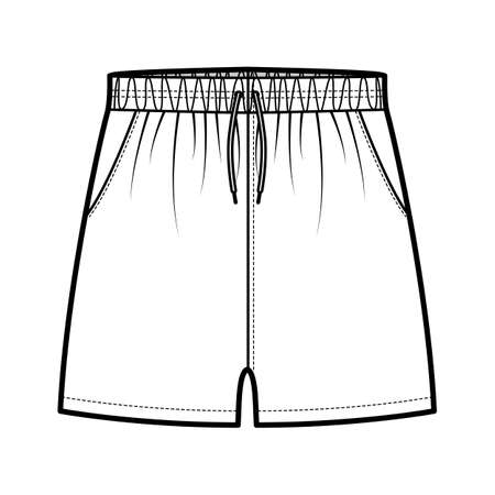Sport training shorts Activewear technical fashion illustration with elastic low waist, rise, drawstrings, pockets, Relaxed fit, micro length. Flat bottom apparel front, white color. Women men unisexのイラスト素材