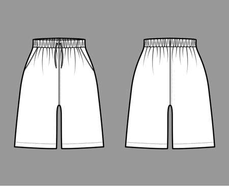Active Shorts Sport training technical fashion illustration with elastic normal waist, Drawcord, pockets, mid-thigh length. Flat bottom apparel template front, back, white color. Women men CAD mockupのイラスト素材