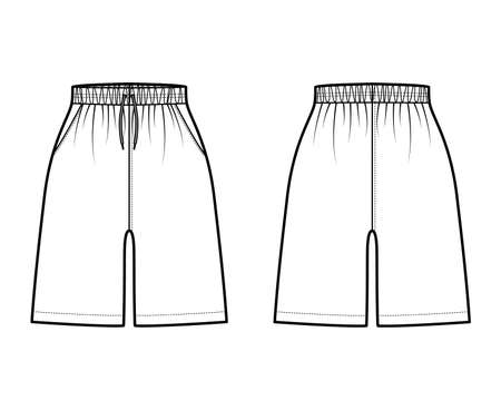 Active Shorts Sport training technical fashion illustration with elastic normal waist, high rise, Drawcord, pockets, Relaxed fit, mid-thigh length. Flat front, back, white color. Women men CAD mockupのイラスト素材