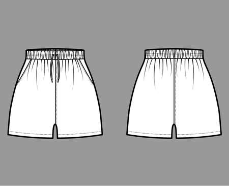 Sport training shorts Activewear technical fashion illustration with normal waist, high rise, drawstrings, Relaxed fit, micro length. Flat bottom template front, back white color. Women men CAD mockupのイラスト素材