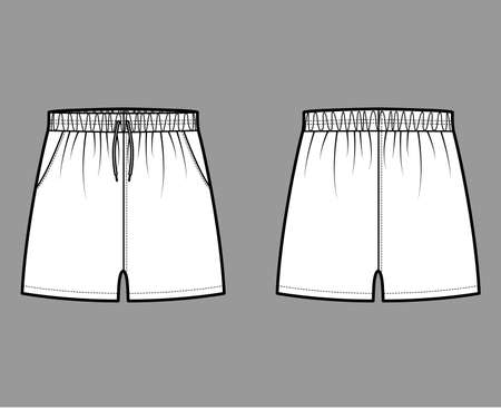 Sport training shorts technical fashion illustration with elastic low waist, rise, drawstrings, Relaxed fit, micro length. Flat bottom apparel template front, back, white color. Women men unisex CADのイラスト素材