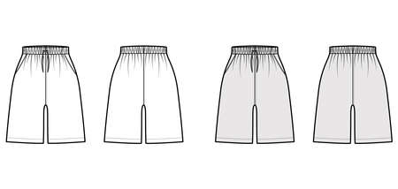 Active Shorts Sport training technical fashion illustration with normal waist, high rise, Drawcord, Relaxed fit, mid-thigh length. Flat template front, back, white grey color. Women men unisex mockupのイラスト素材