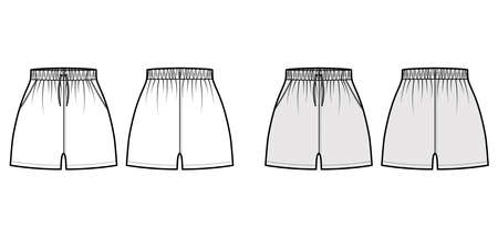 Sport training shorts Activewear technical fashion illustration with elastic high rise, drawstrings, Relaxed fit, micro length. Flat bottom template front, back, white grey color. Women men CAD mockupのイラスト素材