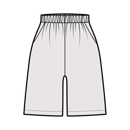 Active Shorts Sport training technical fashion illustration with elastic normal waist, high rise, pockets, Relaxed fit, mid-thigh length. Flat bottom apparel template front, grey color. Women men CADのイラスト素材