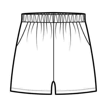 Sport training shorts Activewear technical fashion illustration with elastic low waist, rise, pockets, Relaxed fit, micro length. Flat bottom apparel template front, white color. Women men CAD mockupのイラスト素材