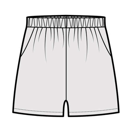 Sport training shorts Activewear technical fashion illustration with elastic low waist, rise, pockets, Relaxed fit, micro length. Flat bottom apparel template front, grey color. Women men unisex CADのイラスト素材