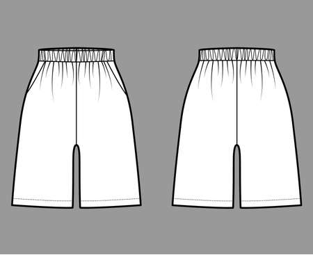 Active Shorts Sport training technical fashion illustration with elastic normal waist, high rise, pockets, mid-thigh length. Flat bottom apparel template front, back, white color. Women men unisex CADのイラスト素材