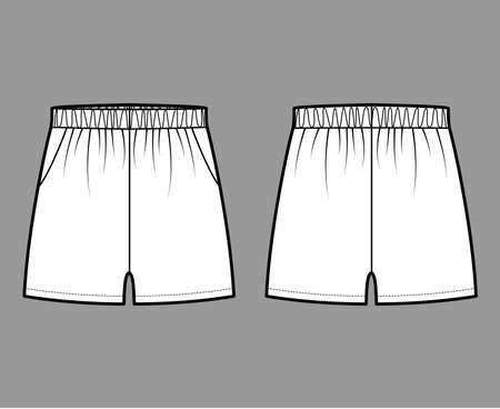 Sport training shorts Activewear technical fashion illustration with elastic low waist, pockets, Relaxed, micro length. Flat bottom apparel template front, back, white color. Women unisex CAD mockupのイラスト素材