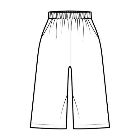 Bermuda Pocket Short technical fashion illustration with elastic normal low waist, high rise, Relaxed fit, knee length. Flat bottom apparel template front, white color. Women men unisex CAD mockupのイラスト素材