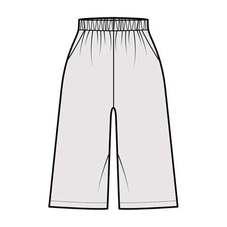 Bermuda Pocket Short technical fashion illustration with elastic normal low waist, high rise, Relaxed fit, knee length. Flat bottom apparel template front, grey color. Women men unisex CAD mockupのイラスト素材